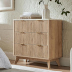 T4TREAM Fluted 3 Drawer Dresser, 32" Tall Modern Chest of Drawers with Faux Marble Top, Curved Profile Design, Wood Drawer Organizer for Bedroom, Living Room, Hallway, Entryway, Natural Oak