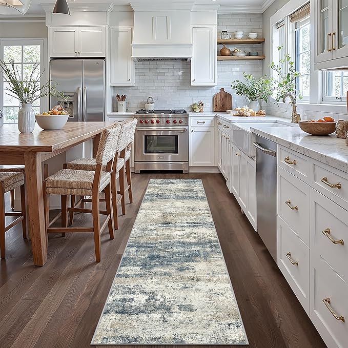 Runner Rug for Hallway Kitchen, 2x12 Machine Washable Runners Rug for Entryway, Soft Modern Abstract Throw Rugs, Low Pile Floor Cover with Non Slip Backing, Navy Beige