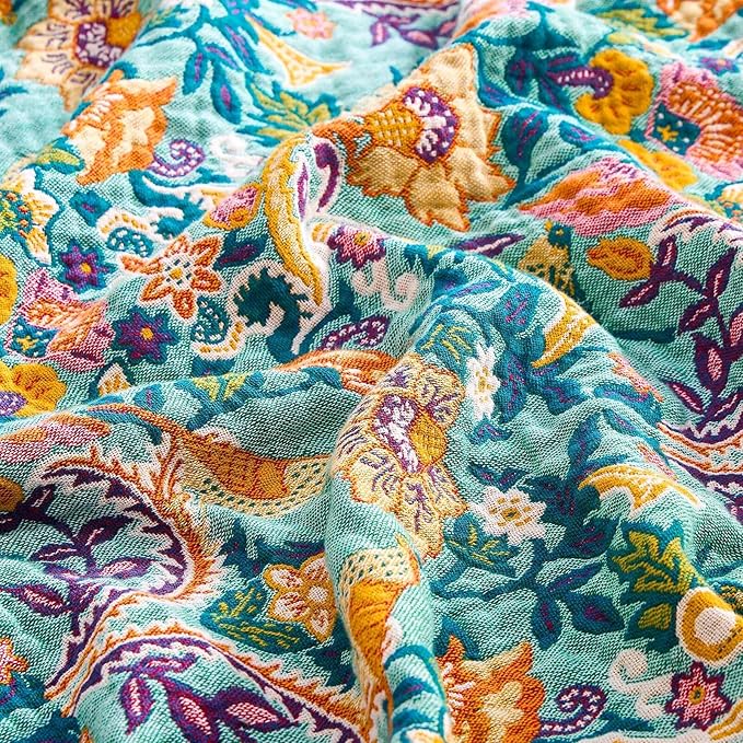 Boho Blanket Throw Quilt, 100% Cotton Soft Light Weight Throw Blankets for Summer, 60"x80" Farmhouse Flower Decorative Blankets, All Season Rustic Reversible Bohemian Throw Quilt