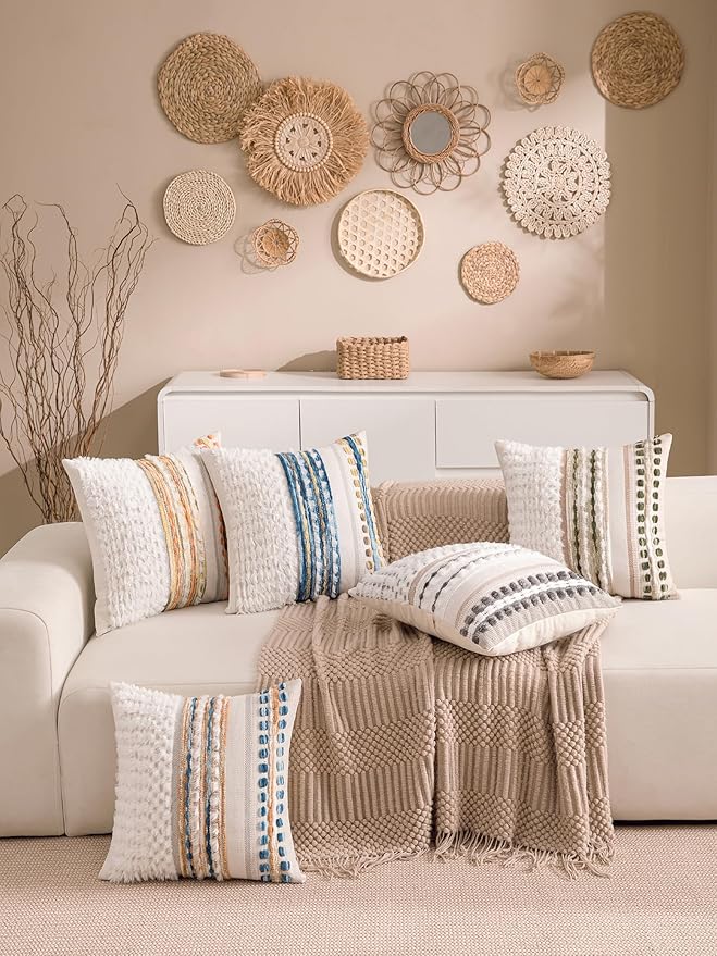 Boho Chenille Tufted Couch Throw Pillow Covers 18x18 Inch Set of 2 Farmhouse Striped Decorative Pillow Covers Accent Neutral Square Pillowcase Grey Cushion Covers for Livingroom Sofa Bed