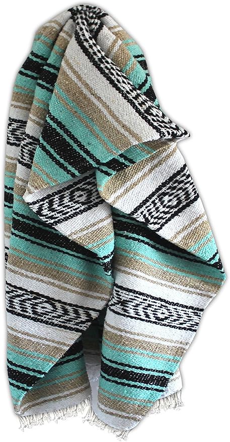 Del Mex Classic Mexican Blanket, Large Authentic Woven Falsa Throw (70"x50"), Artisan Southwest Décor for Beach, Yoga, Outdoors (Mint/Tan)