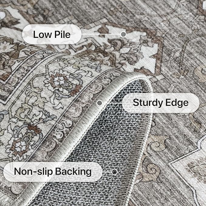 GENIMO 3X7 Hallway Runner Rug, Machine Washable Non Slip Vintage Floral Patchwork Runners, Thin Low Pile Chenille Carpet Runners for Entryway, Kitchen, Bathroom, Bedroom, Slate Gray