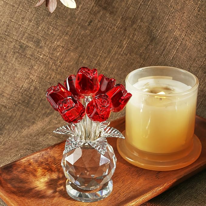 Crystal Red Rose Flower Collectible Figurine with Base Glass Rose Figurine Decor Paperweight Gift for Women Mom