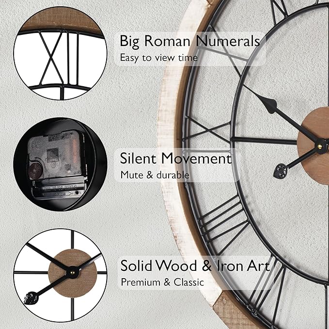 Wall Clock for Living Room Decor, 27.5'' Big Clock for Office, Rustic Wall Clock Battery Operated, Distressed White Roman Numeral Clock, Round, Wood