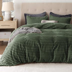 Bedsure Fluffy Duvet Cover Set - Ultra Soft Plush Shaggy Comforter Cover King Size, Warm Flannel Fleece Bed Sets for Winter, 3 Pieces (Striped Pattern, Green)