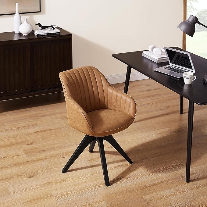 Art Leon Office Chair No Wheels, Mid Century Modern Desk Chair, Swivel Accent Chair with Oak Wood Legs, Faux Leather Upholstered Armchair for Desk, Brown