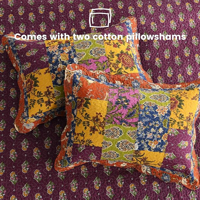 Secgo Queen Comforter Set for Bed - 100% Cotton Quilts Queen Size, Black Bedspreads (90 * 98 Inch) with 2 Pillow Shams, Patchwork Reversible Lightweight Bedding