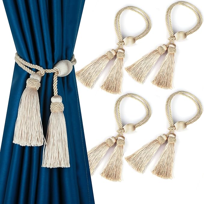 Curtain Tiebacks with Tassel,Modern Rope Window Curtain Ties Backs for Draperies, Outdoor Elegant Decorative Curtain Holdbacks 4 Pack
