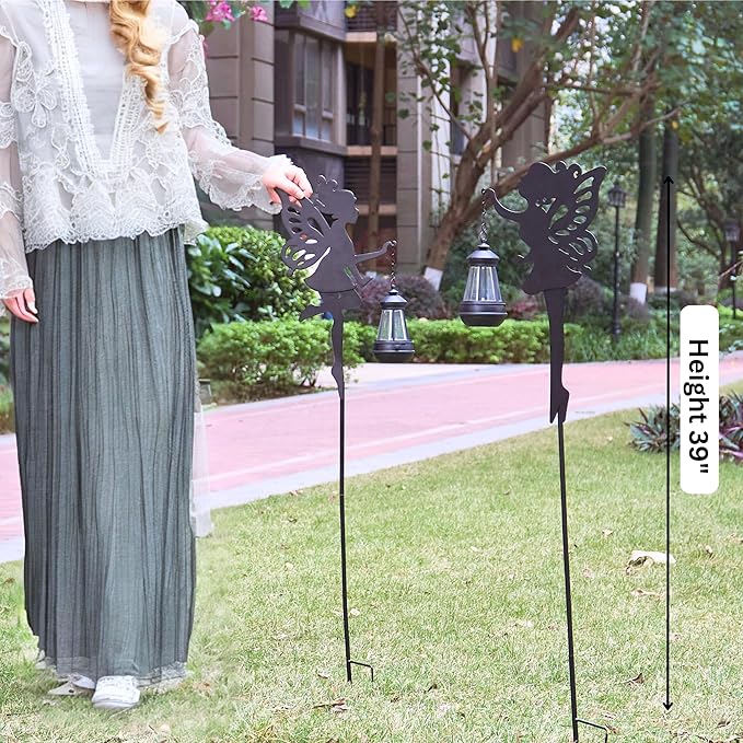 Fairy Garden Accessories Halloween Decorations Lawn Ornaments 1 Pair - Solar Lights Outdoor Garden Statue, Metal Stakes Decorative Figurines for Yard Decor, Patio (Type A Warm Lighting)