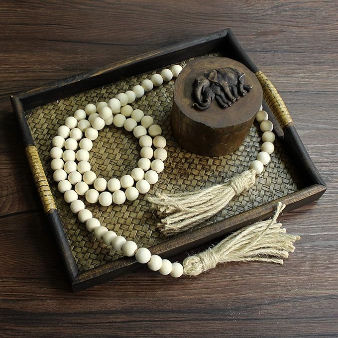 CVHOMEDECO. Wood Beads Garland with Tassels Farmhouse Rustic Wooden Prayer Bead String Wall Hanging Accent for Home Festival Decor. Natural