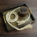 CVHOMEDECO. Wood Beads Garland with Tassels Farmhouse Rustic Wooden Prayer Bead String Wall Hanging Accent for Home Festival Decor. Natural