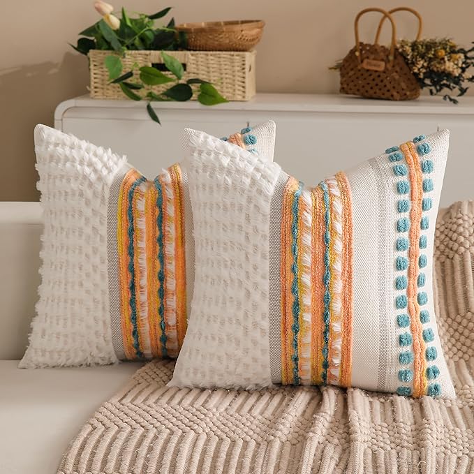 Boho Chenille Tufted Couch Throw Pillow Covers 18x18 Inch Set of 2 Farmhouse Striped Decorative Pillow Covers Accent Neutral Pillowcase Yellow Teal Cushion Cover for Living Room Sofa Bed