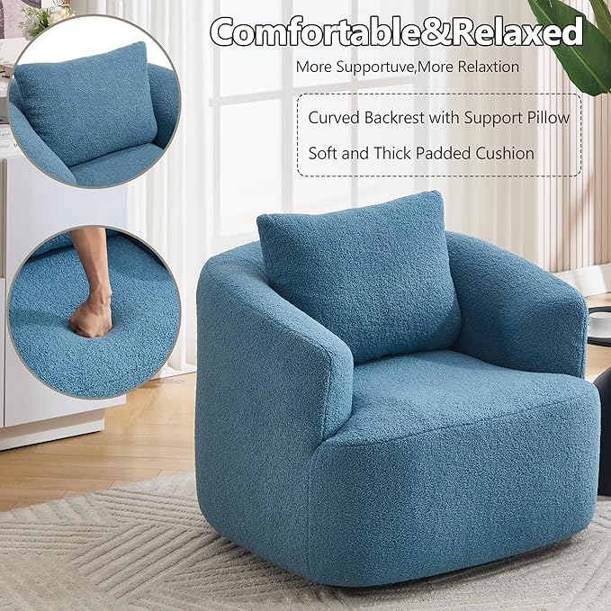 Swivel Accent Chair,360° Rotating Barrel Chair,Teddy Fleece High-Resilience Sponge Single Sofa, Easy Assembly for Living Room, Bedroom, Apartment Blue