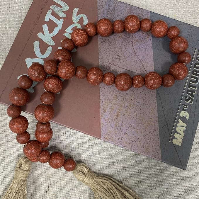 Handcrafted Farmhouse Wooden Decorative Beads Garland, Table Tray Boho Wood Beads with Tassel, Small Rustic Antique Decor for Home and Events (Rustic Red)