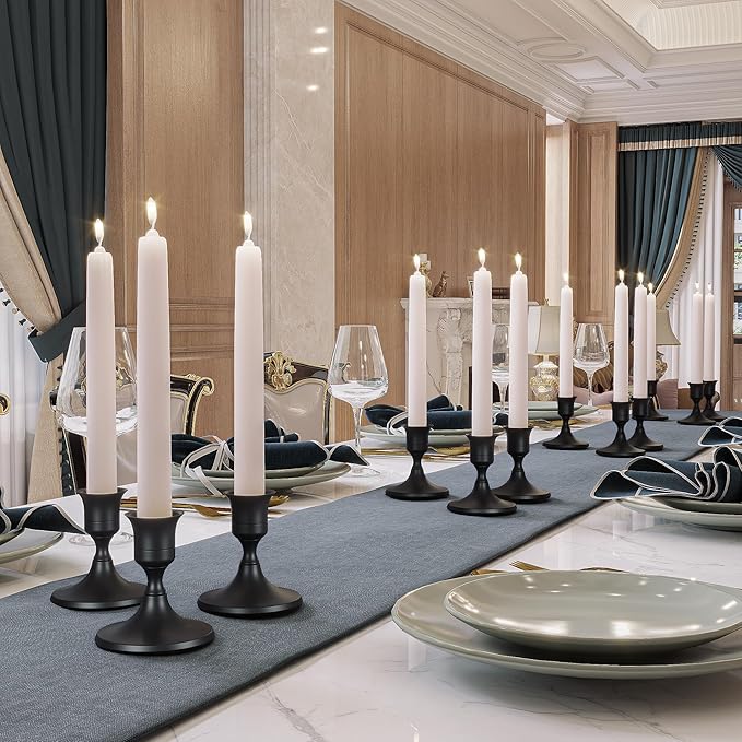 12PCS Black Taper Candle Holders Set, Vintage Metal Candlestick Holders for Dinner Room Table Centerpiece or Mantel Wedding Party Decor