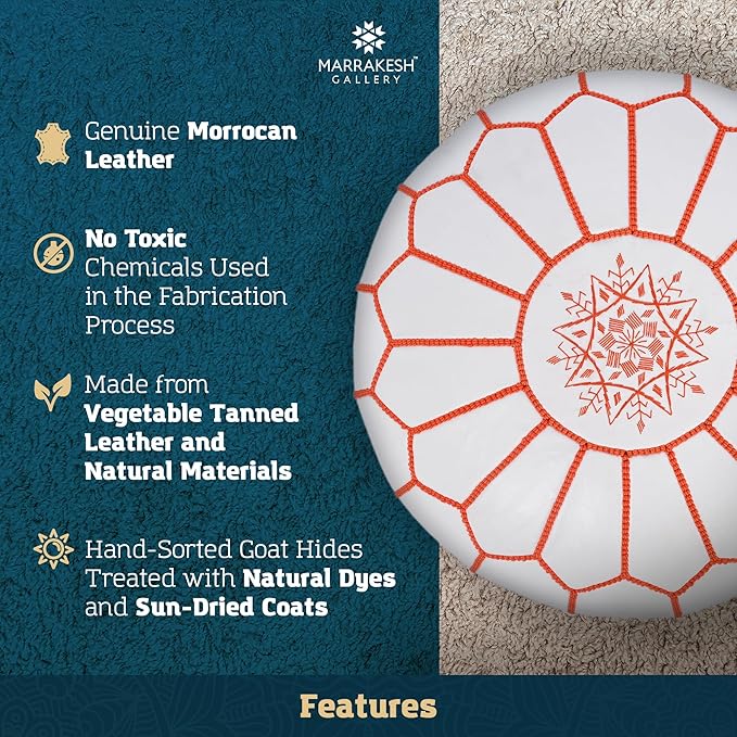 Marrakesh Gallery Genuine Leather Round Pouf Unstuffed - Moroccan Ottoman Footstool, Footrest Cover - Boho Decor - Bohemian Living Room, Bedroom, Kids Room, Gift & Wedding