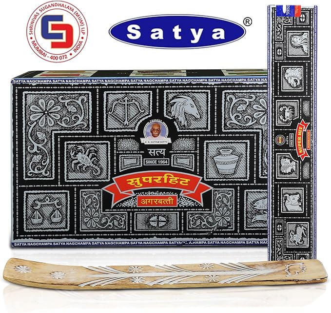 Satya Super Hit Incense Sticks, Satya sai Baba Insenses 15gmx12 Pack with Raajsee Incense Holder Bundle, Nag Champa Natural Incense 180 gm