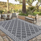 GAOMON Reversible Outdoor Rug 9'x18' Waterproof Plastic Straw Rug, Patio Rug, Large Modern Area Rug Carpet, Indoor Outdoor Rugs for Camping, Porch, Deck, Balcony, Backyard, Grey/White(Geometric)