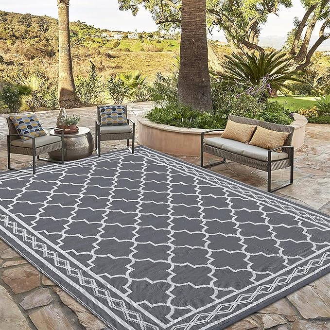 GAOMON Outdoor Rugs Patio Camping Waterproof Rug 6'x9' Plastic Straw Patio Rug Portable for Campers, Outside RVs Mat for Patios Clearance, Backyard Porch, Balcony, Grey/White(Geometric)