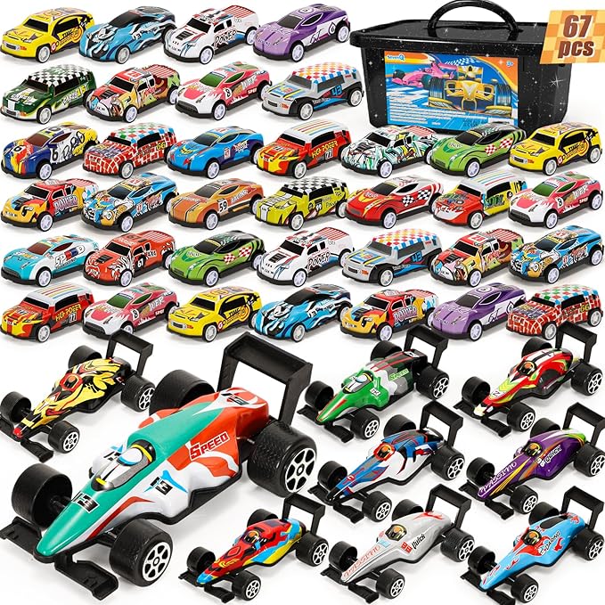 SevenQ Party Favors Toy Cars for Boys with Storage Box, 67Pcs Pull Back Race Cars Bulk, Treasure Box Toys for Classroom Goodie Bag Stocking Stuffers for Kids Toddler Vehicles Mini Fidget Toys