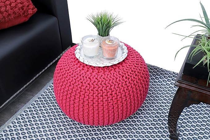 FRELISH DECOR Round Pouf Ottoman Hand Knitted 100% Cotton Pouf Foot Stool - Knitted Bean Bag - Floor Chair for Living Room - Bedroom Foot Rest for Couch (20 Diameter x 14 Height) - Dark Pink