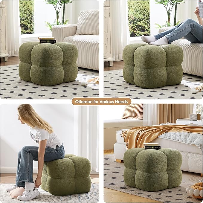 ONEVOG Olive Green‌ Modern Ottoman, 21" Square Fuzzy Couch Sherpa Pouf Ottoman, Tufted Cute Boucle Fabric Foot Stools, Upholsered Footrest & Coffee Table & Vanity Chair for Living Room Bedroom, Dorm