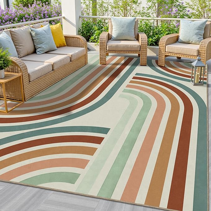 Indoor Outdoor Area Rug, Mid Century Modern Multicolored Outdoor Patio Rug,Washable Abstract Art Rainbow Rugs Non-Slip Carpet for Camping, Bedroom, Deck(8x10)