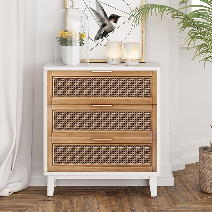 COZAYH Farmhouse 3-Drawer Nightstand, Set of 2 Rattan Cane Front Accent Dresser with Brass Pull, Distressed White