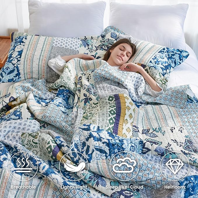 Secgo King Size Comforter Set- 100% Cotton Quilt King Size Set, Green, Sage bedspreads (98 * 106 Inch) with 2 Pillow Shams, Patchwork Reversible Lightweight Bedding