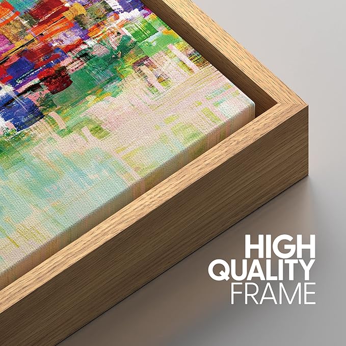 SIGNWIN Framed Canvas Wall Art Bright neon Color Buildings Block with Reflection Places Cityscape Oil Painting Abstract Modern Panoramic Colorful for Living Room, Bedroom, Office - 24"x36"x3 Natural