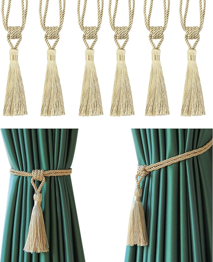Fenghuangwu Curtain Tiebacks Tassel Tie-Backs, Rope Curtain tie Backs Handmade Curtain Holdbacks Made from Polyester (Gold, 6p)