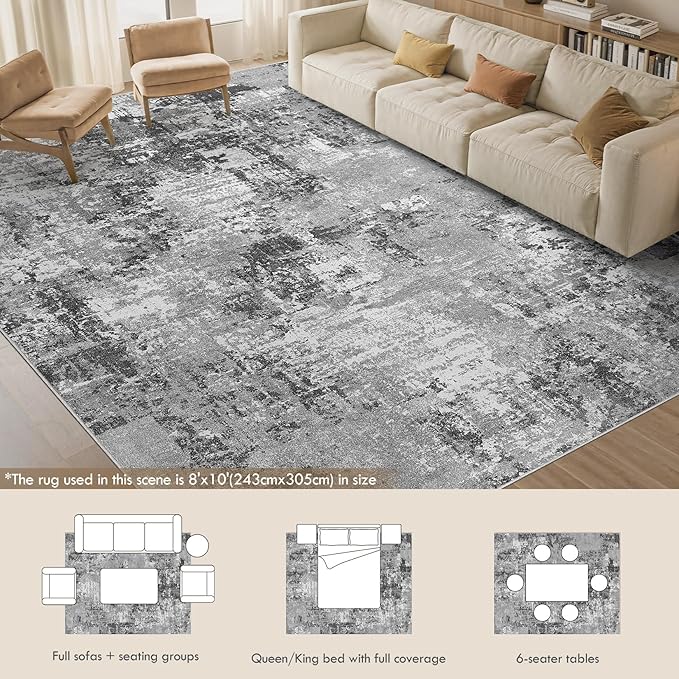 Tortania Washable 8x10 Area Rug for Living Room: Modern Abstract Neutral Large Soft Thin Rugs - Non Slip Indoor Carpet for Bedroom Dining Room Office Nursery Home Floor Decoration - Grey