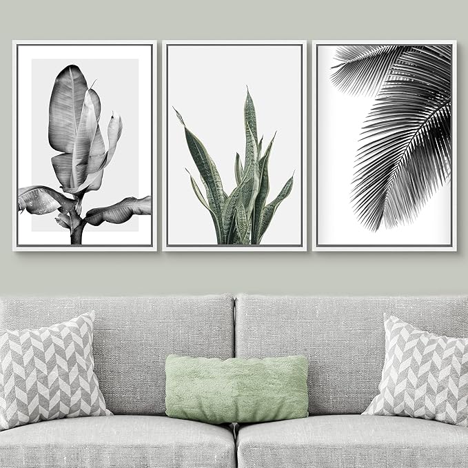 SIGNWIN Framed Canvas Print Wall Art Trio of Jungle Palms & Snake Succulents Floral Plants Photography Modern Art Minimalist Black and White for Living Room, Bedroom, Office - 16"x24"x3 White