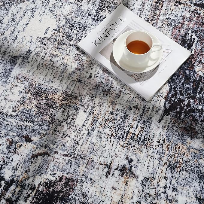 Rugcomf Modern Abstract 5'x7' Area Rugs - Machine Washable, Non-Slip Low Pile Boho Carpet for Living Room, Bedroom, Dining Room, Farmhouse, Kids Playroom, Office - Brown