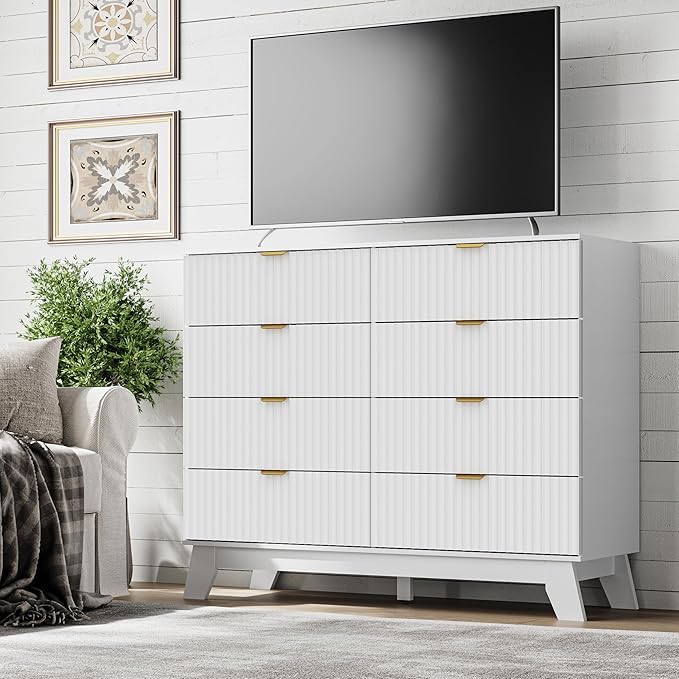 Fluted 8 Drawer Tall Dresser, 47.2" Wide Modern Boho Chest of Drawers, Wooden Storage Dresser TV Stand for Bedroom, Living Room, Closet, Hallway, Curved Profile Design
