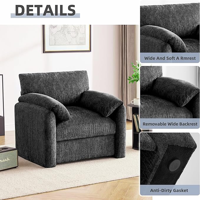 Chenille Oversized Armchair, 38.6'" Wide Accent Chairs for Living Room & Bedroom Modern Lounge Chair, Upholstered Mid-Century Reading Chair (Darkgray, 1 Pack)