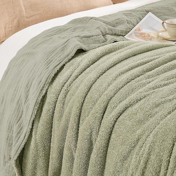 EMME Muslin and Fleece Throw Blanket Reversible - 50"*60" Sage Green Soft Warm Throw Blankets for Couch Bed Picnic Travel Bed