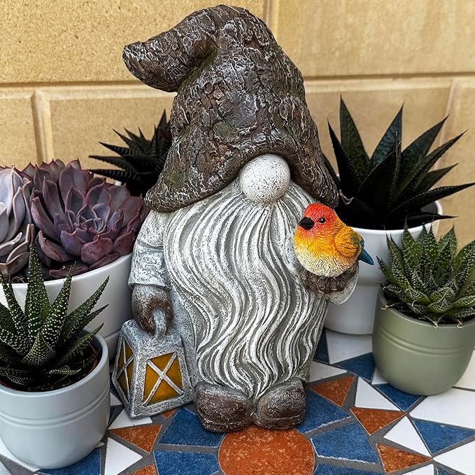 Mood Lab Garden Gnome - Stone Gnome Figurine - 9.1 Inch Tall Lawn Statue with Bird - for Outdoor or House Decor