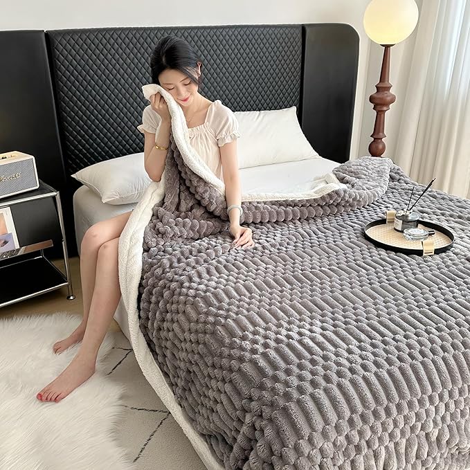 UKELER Sherpa Throw Blanket 60 × 80 inch, 470 GSM Striped Sherpa Fleece Blanket for All Season, Warm and Cozy Blankets for Couch Sofa Bed Office Camping, Dark Grey
