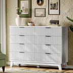 Fluted Dresser with 8 Drawers, 54" Wide Modern Chest of Drawers with Metal Handle, Wooden Dresser TV Stand, Wood Closet Clothes Storage Organizer for Bedroom, Living Room, Hallway, Solid White
