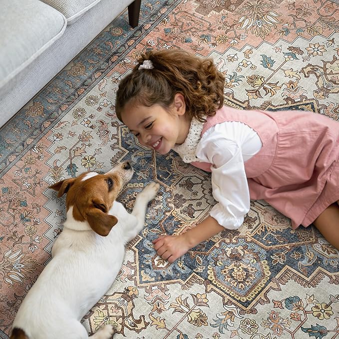 GENIMO 5x8 Area Rugs for Living Room, Machine Washable Low Pile Rugs, Chenille Non Alip Vintage Rug for Bedroom, Dining Room, Home Office, Blue Brick Red