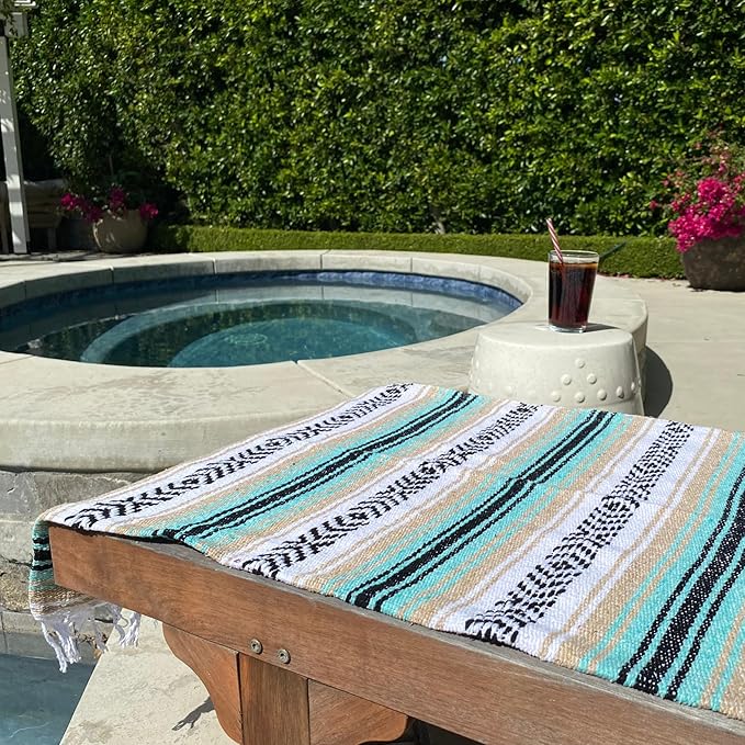 Del Mex Classic Mexican Blanket, Large Authentic Woven Falsa Throw (70"x50"), Artisan Southwest Décor for Beach, Yoga, Outdoors (Mint/Tan)