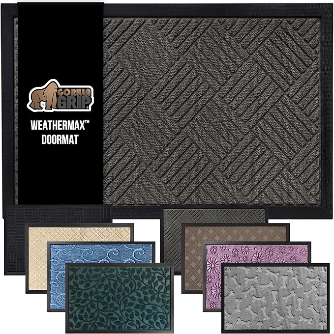 GORILLA GRIP 100% Waterproof All-Season WeatherMax Doormat 35x23, US Designed Natural Rubber, Stain and Fade Resistant, Low Profile Indoor Outdoor Door Mats, Easy Clean Patio Mat, Gray Diamond