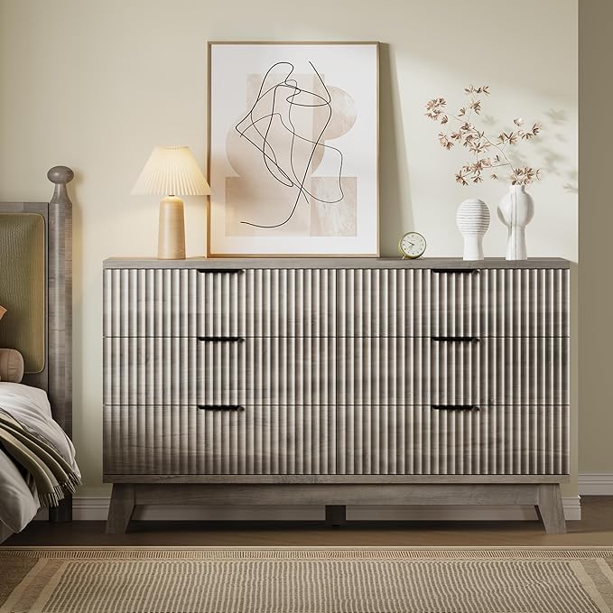53" Long Dresser for Bedroom, 6-Drawer Dresser with Fluted Fronts, Wide Wood Chest of Drawers, Smooth Metal Slides, Stable Base, Modern Clothes Storage Cabinet for Living Room, Hallway