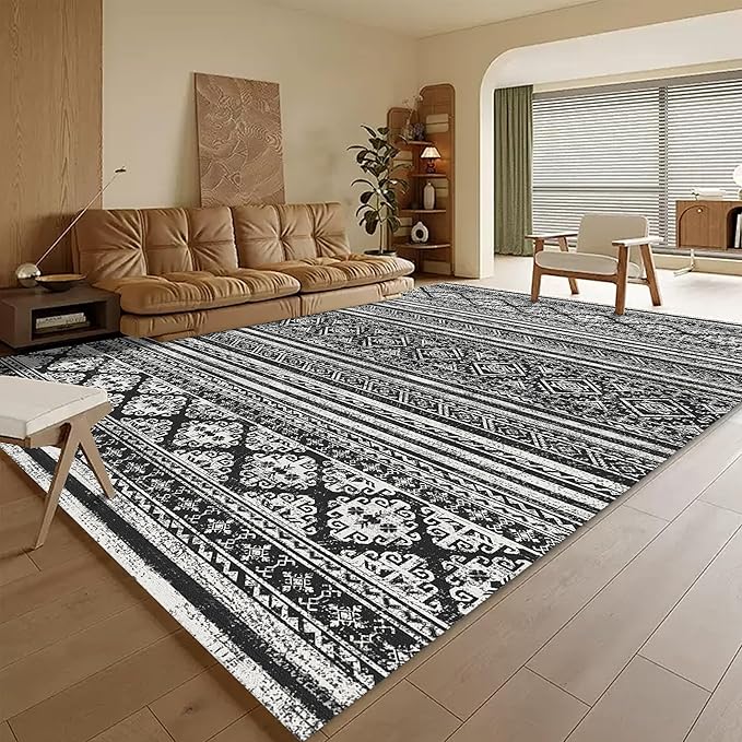 RUGSURE Washable Area Rugs 4' x 6' - 1/6 Thick - Moroccan-Inspired -Stain & Water Resistant Non-Slip - Resistant Rug for Living Room, Bedroom, Nursery, Pet & Child Friendly (Black)