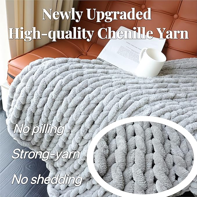 Maetoow Chenille Chunky Knit Blanket Throw （40×50 Inch）, Handmade Warm & Cozy Blanket Couch, Bed, Home Decor, Soft Breathable Fleece Banket, Christmas Thick and Giant Yarn Throws, Grey