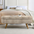 Oval Storage Bench 43.5" Linen Fabric Upholstered Entryway Bench with Solid Wood Legs Ottoman Bench Indoor Bench for Living Room/Bedroom/End of Bed/Entryway (Brown)