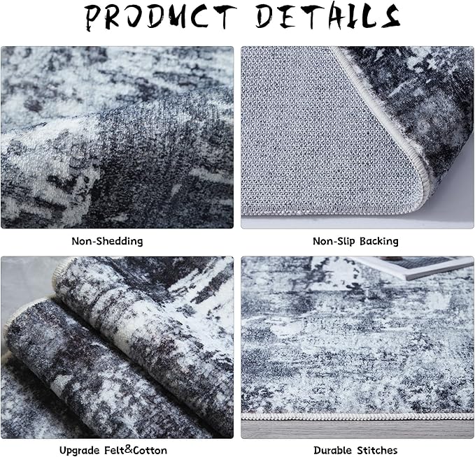 Rugcomf 8x10 Area Rug Washable Boho Rug Soft Non-Slip Non-Shedding Faux Wool Vintage Rug for Living Room, Farmhouse, Dining Room, Indoor, Kids Playroom, Grey and Black