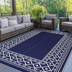 GENIMO Outdoor Rug Waterproof for Patio Decor, 8'x10' Foldable Reversible Plastic Straw Carpet for Travel Trailers, Outside Area Mat for Rv, Deck, Picnic, Porch, Camper, Balcony, Beach, Blue & White