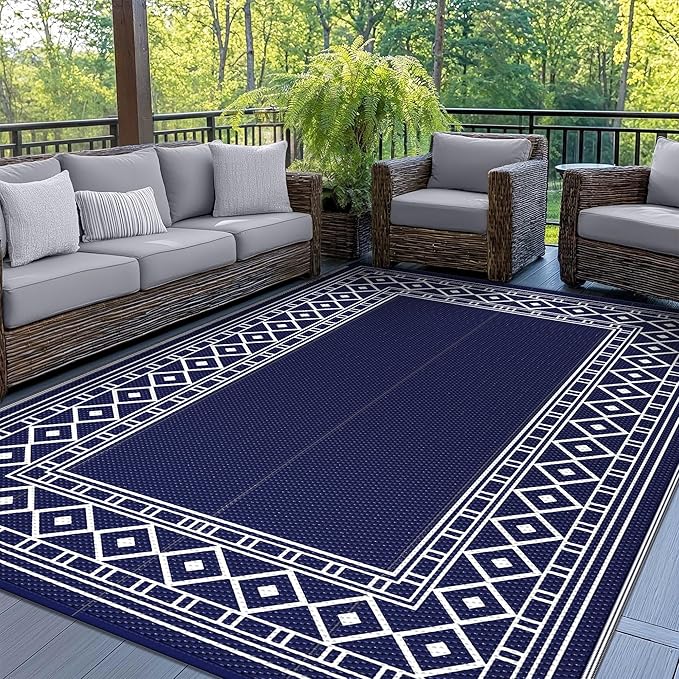 GENIMO Outdoor Rug Waterproof for Patio Decor, 8'x10' Foldable Reversible Plastic Straw Carpet for Travel Trailers, Outside Area Mat for Rv, Deck, Picnic, Porch, Camper, Balcony, Beach, Blue & White